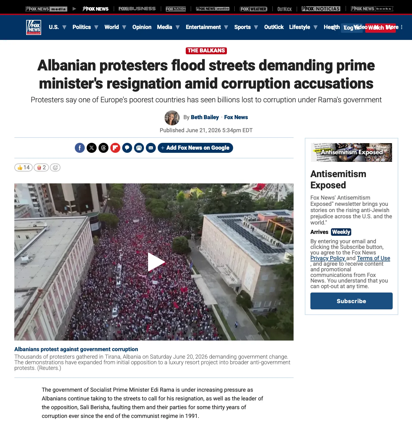 Screenshot i artikullit të Fox News