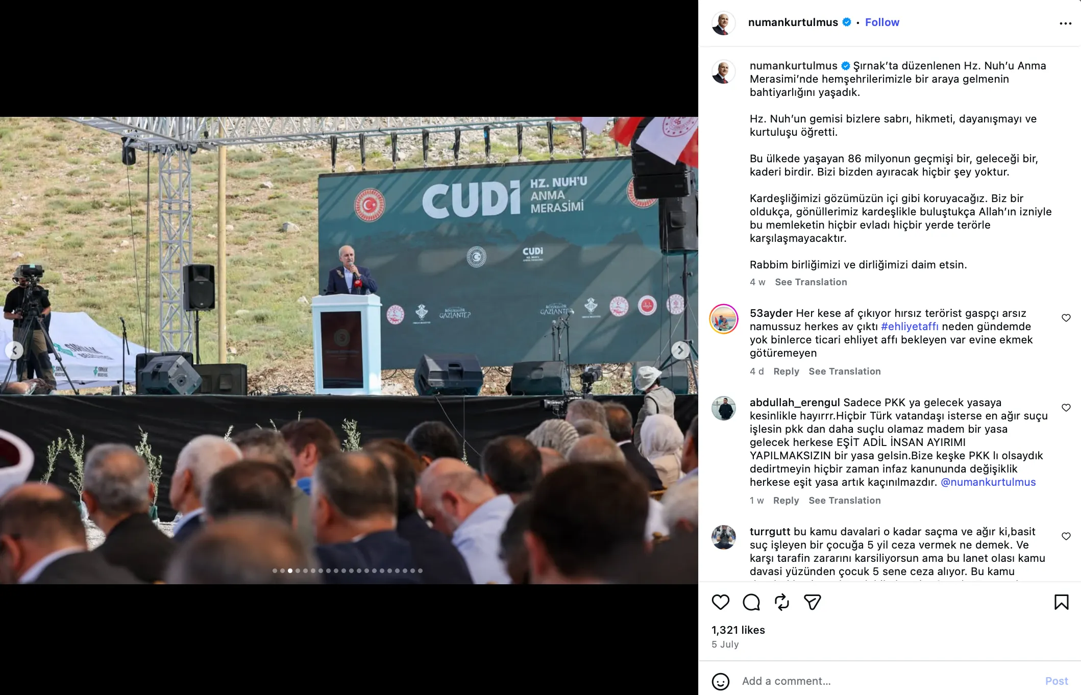 Foto e Kryetarit të Parlamentit të Turqisë gjatë ceremonisë në Malin Cudi