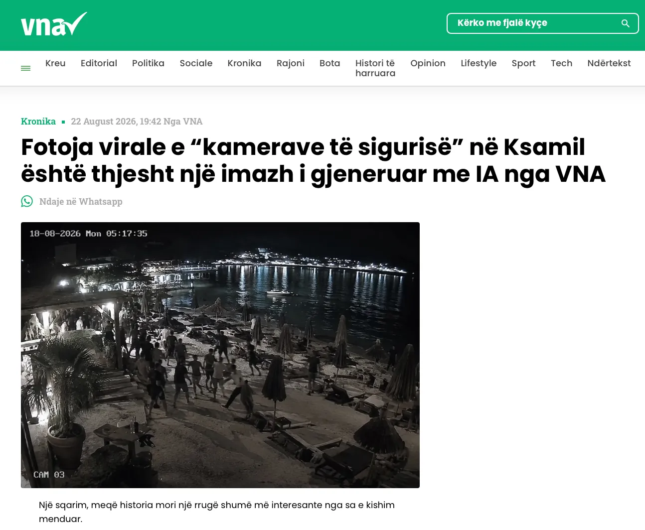 Screenshot i reagimit të VNA që pranon se fotoja është e gjeneruar me AI