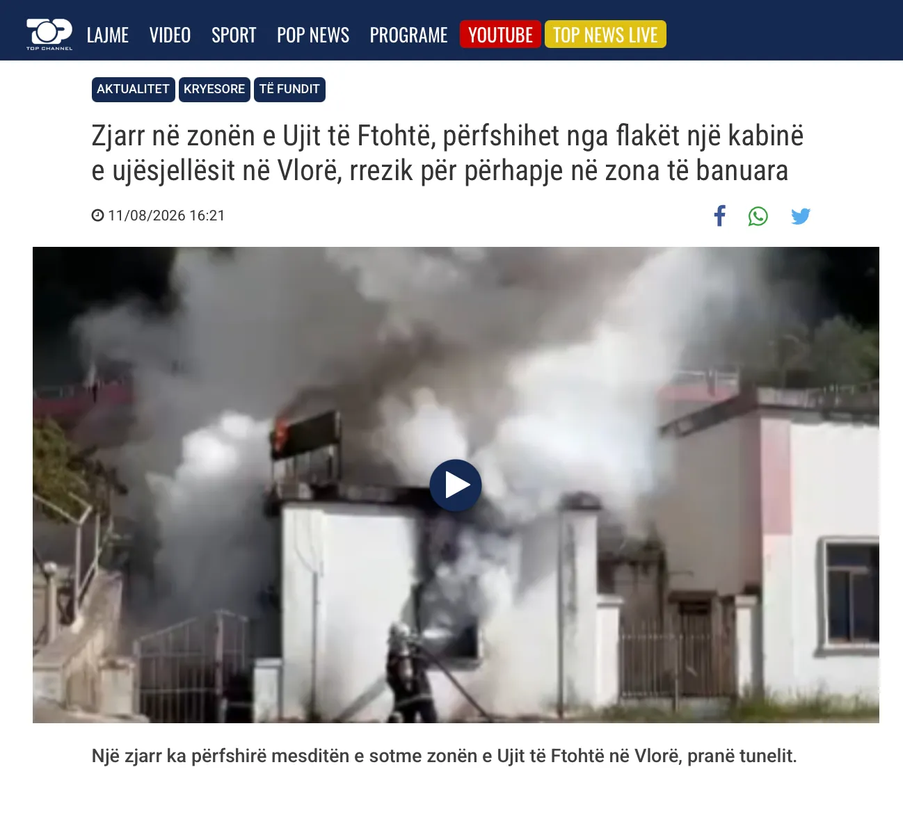 Screenshot nga lajmi i Top Channel mbi zjarrin në Vlorë