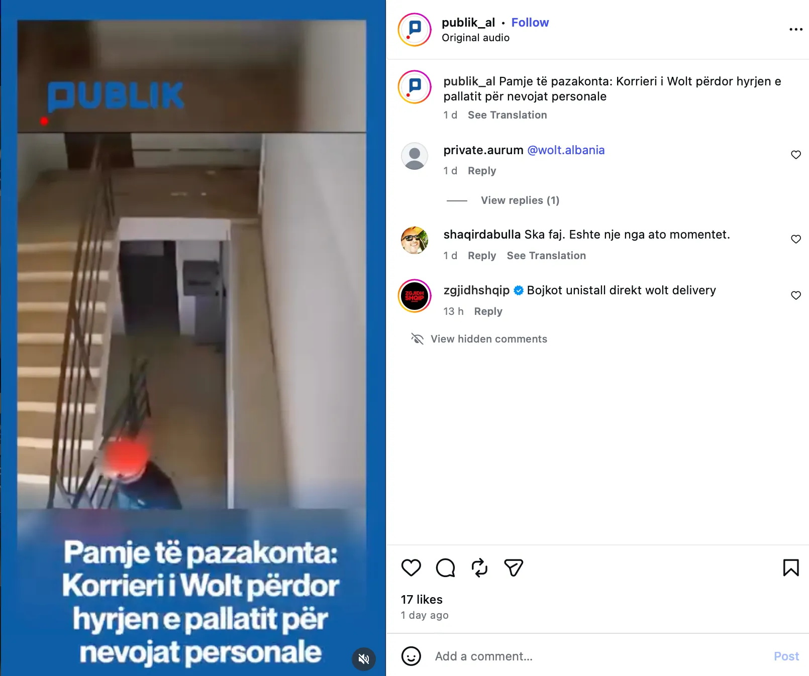 Screenshot nga postimi i publik.al