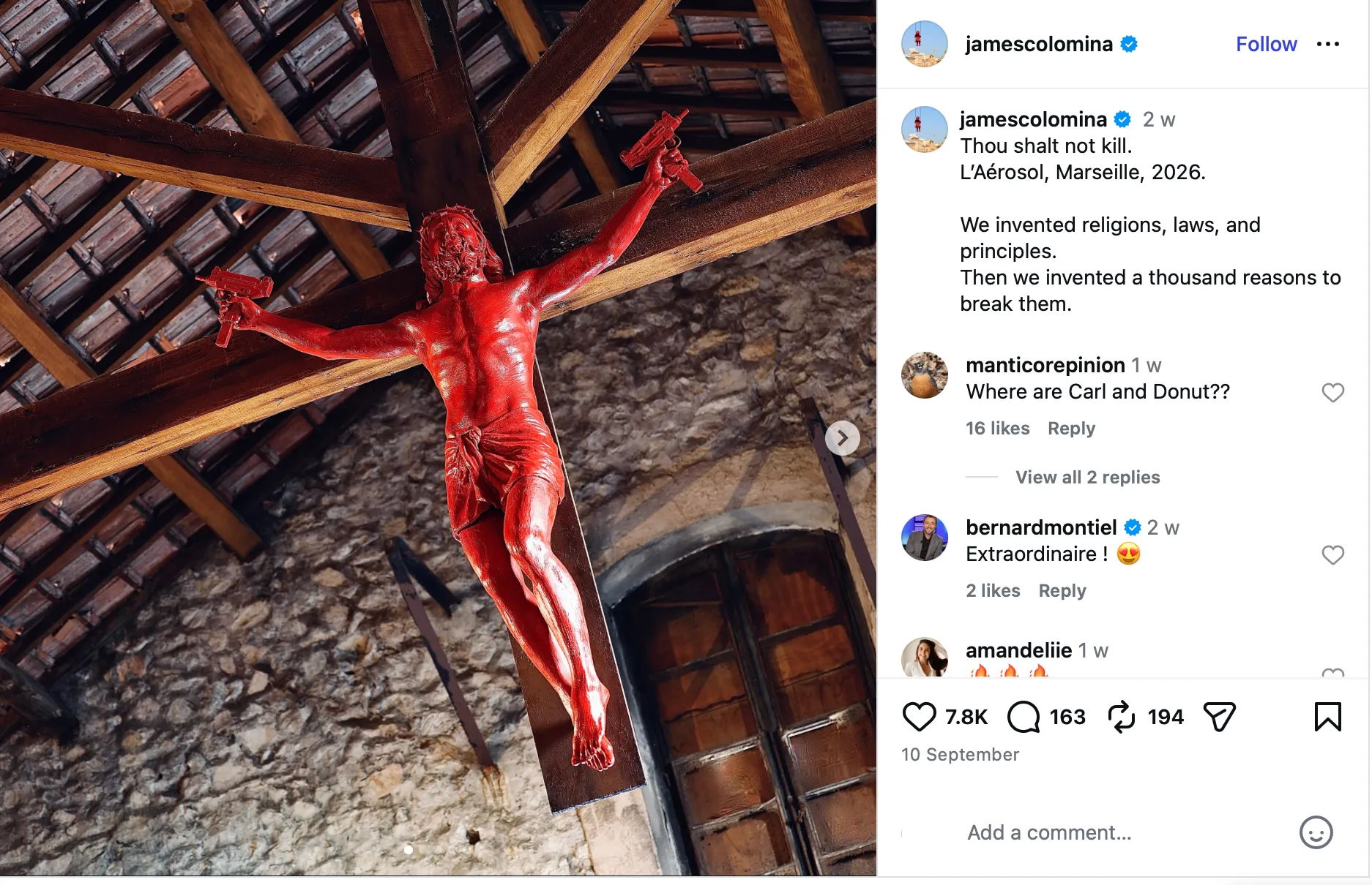 Postimi i artistit James Colomina në Instagram
