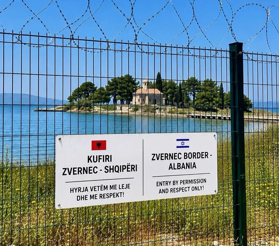 Tabelë e rreme kufitare me flamurin izraelit e mbivendosur mbi peizazhin e Zvërnecit