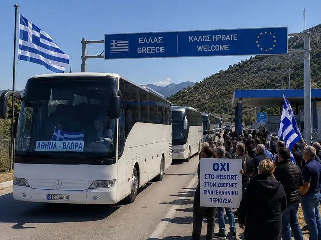 Rresht autobusësh pranë një pike kufitare. Imazhi është i gjeneruar me AI