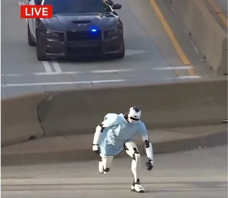 Pamje e gjeneruar me Inteligjencë Artificiale e një roboti humanoid me veshje spitali që ndiqet nga policia
